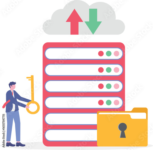 Hybrid cloud concept with tiny character. Private and public cloud flat vector illustration.

