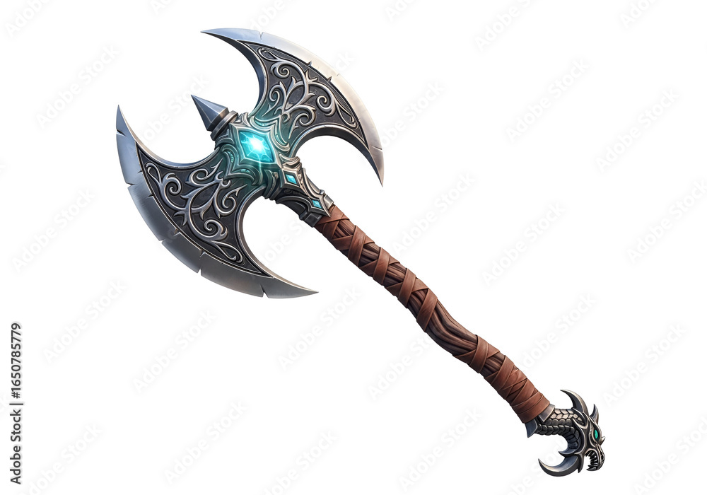 Fototapeta premium Fantasy-style ornate double-bladed battle axe with glowing gem and intricate carvings