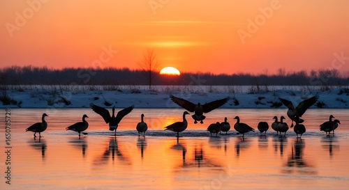 Canada Geese Landing on Ice with Wings Spread, Silhouetted Against Vibrant Orange Winter Sunrise over Snowy Landscape
