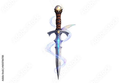 Fantasy-themed sword with a dragon head pommel and luminous blue accents against a black background