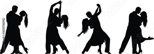 Couple dancing silhouette, ballroom dance pose, tango dancers in action, romantic dance movement, salsa couple illustration, passionate partner dance silhouette art