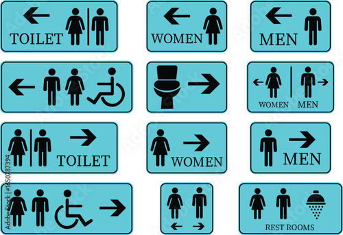 Toilet Icon set.square toilet signs collection, male, female and neutral gender, vector Illustration.Public bathroom pictogram. Male and female gender silhouette for lavatory door.