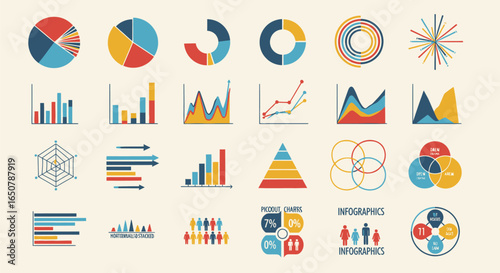 Vector art of collection of various charts and graphs for data visualization and analysis