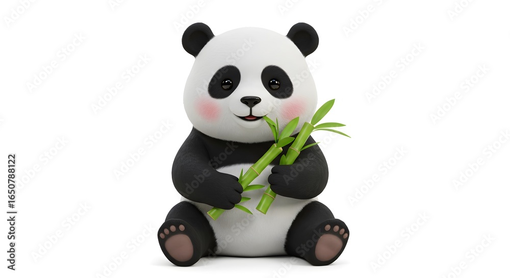 Fototapeta premium Cute 3D cartoon panda bear sitting and eating green bamboo stalks isolated on a white background.