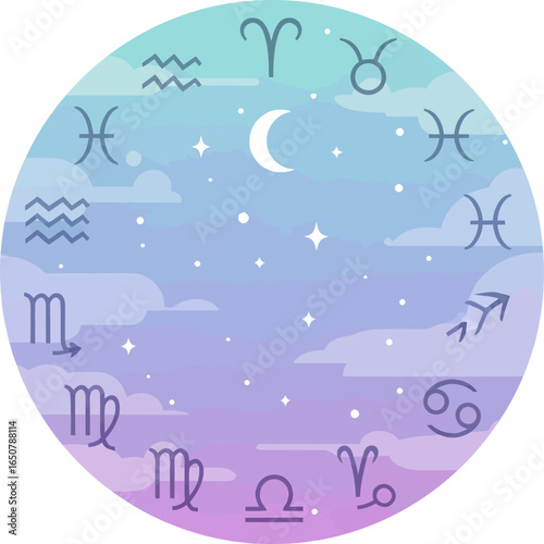 Celestial Zodiac Symbols Arranged in a Circular Cosmic Sky.