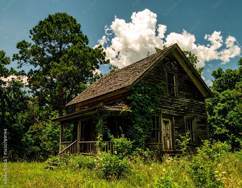 Fototapeta premium Abandoned farmhouse in overgrown field under a partly cloudy sky
