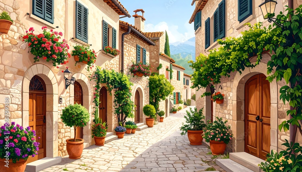 Fototapeta premium Charming Italian Village Street with Colorful Flowers and Stone Buildings.