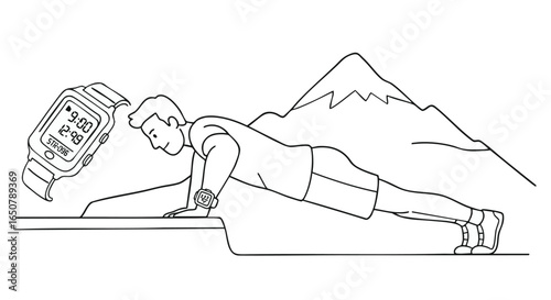 Fitness Tracker Man Doing Push-Ups with Mountain View