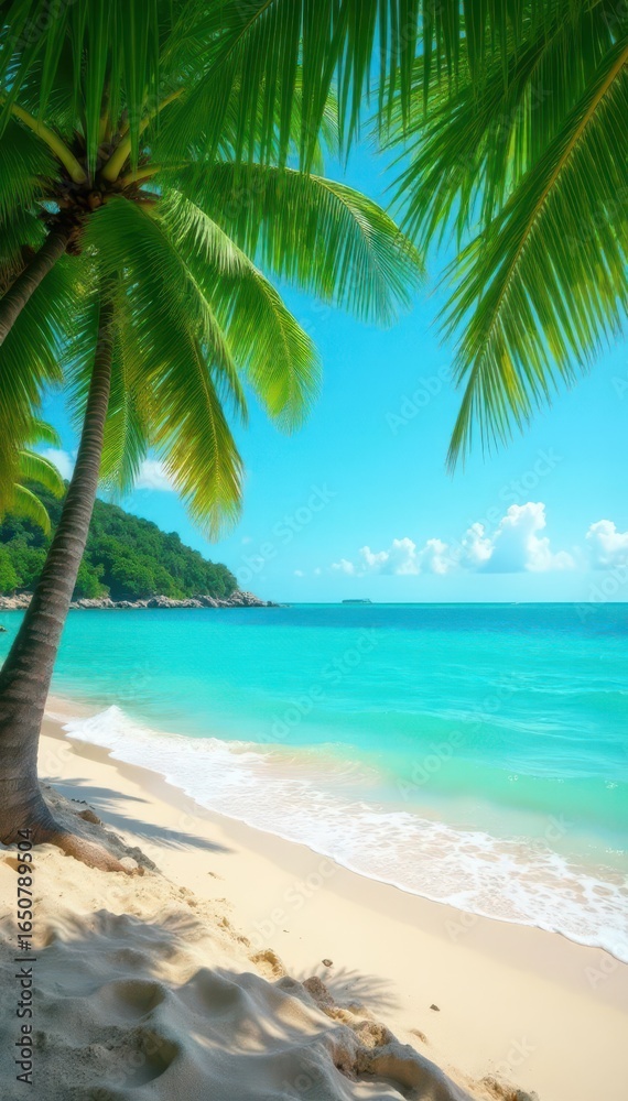 Fototapeta premium Beachy Keen with Palm Fronds and Ocean Breeze, tropical paradise , natural scenery