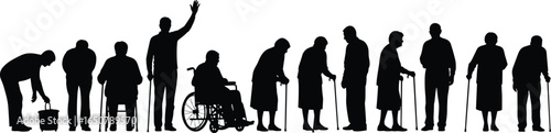 Elderly people silhouette standing, senior citizens with cane, old man and woman, retirement age, healthcare support, wheelchair, aging population illustration