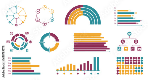 Vector art of collection of colorful business charts, diagrams, and graphs isolated on white background