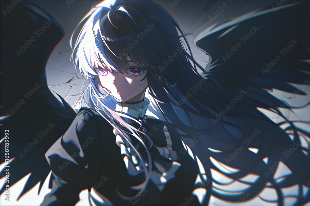 Naklejka premium Mysterious Angel with Contrasting Hair and Dark Wings