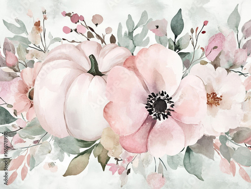 Watercolor Autumn Pumpkins and Flowers Arrangement