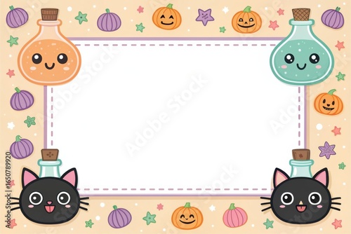 Colorful Halloween card designed in a cartoon style with a pastel border, perfect for festive greetings and invitations.