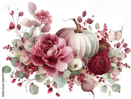 Watercolor Autumn Pumpkins and Flowers Arrangement