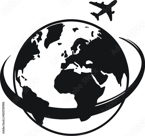 Black and white vector illustration of Earth with airplane and orbit lines symbolizing global travel, tourism, and international connectivity