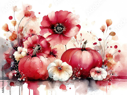 Watercolor Autumn Pumpkins and Flowers Arrangement