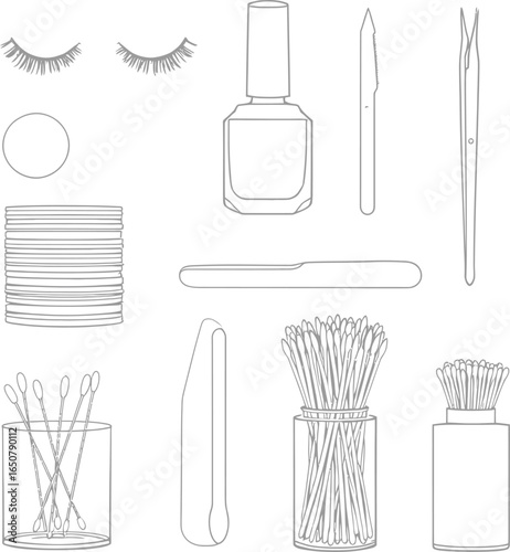 Vector set of beauty and grooming tools including nail polish, cotton pads, tweezers, cuticle trimmer, and false eyelashes