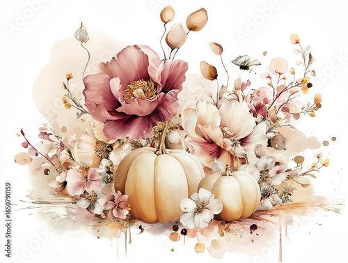 Watercolor Autumn Pumpkins and Flowers Arrangement