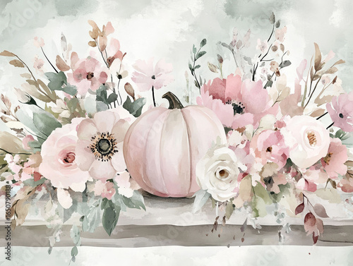 Watercolor Autumn Pumpkins and Flowers Arrangement
