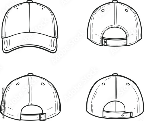 Vector set of baseball cap views including front, back, and rear angles, casual headwear design for fashion and apparel projects