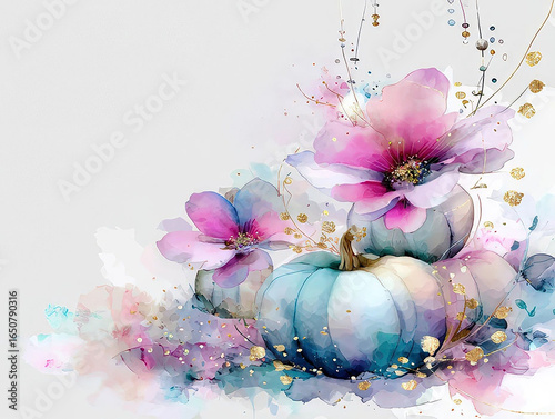 Watercolor Autumn Pumpkins and Flowers Arrangement
