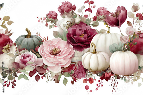 Watercolor Autumn Pumpkins and Flowers Arrangement