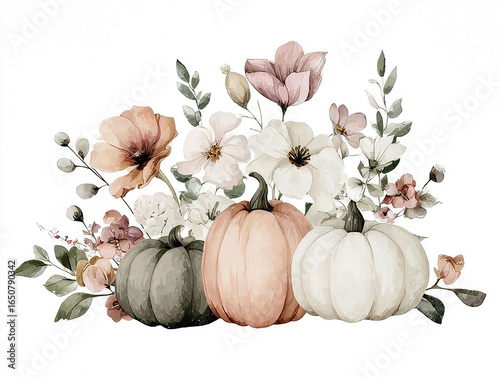 Watercolor Autumn Pumpkins and Flowers Arrangement