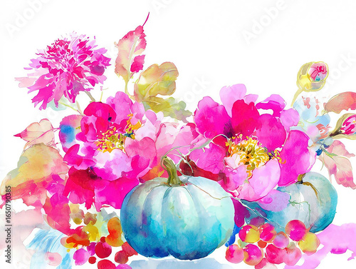 Watercolor Autumn Pumpkins and Flowers Arrangement