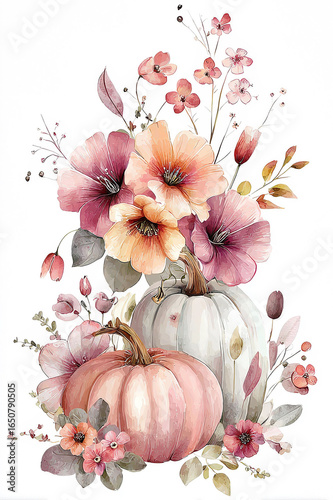 Watercolor Autumn Pumpkins and Flowers Arrangement