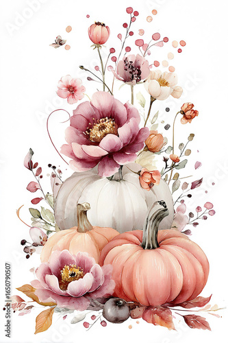 Watercolor Autumn Pumpkins and Flowers Arrangement
