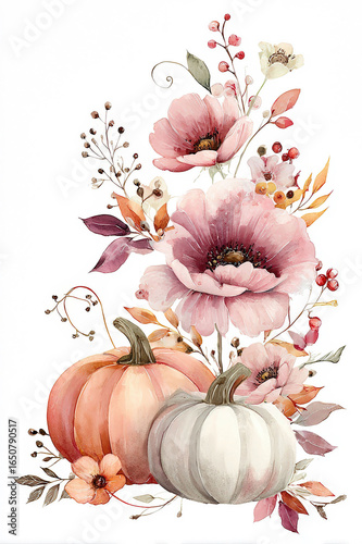 Watercolor Autumn Pumpkins and Flowers Arrangement