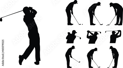 Golf silhouette, golfer swing, man playing golf, sport activity, professional golfer, hitting ball, golfing posture, training, outdoor sport, exercise