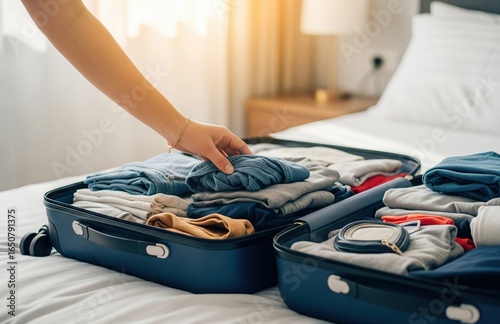 Traveler's hand grips luggage handle on bed in cozy hotel room before an exciting vacation departure
