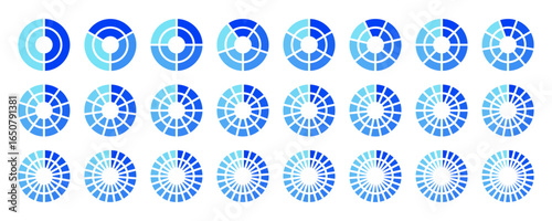 Circular pie chart diagram set. Blue gradient radial sectors. Data visualization icon collection. Wheel Segment slice. Concentric segmented rings. Minimal infographic element for business analytic