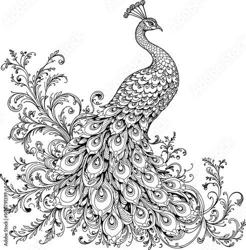 Ornate peacock vector illustration in black and white, decorative bird design with fanned tail feathers and elegant swirls