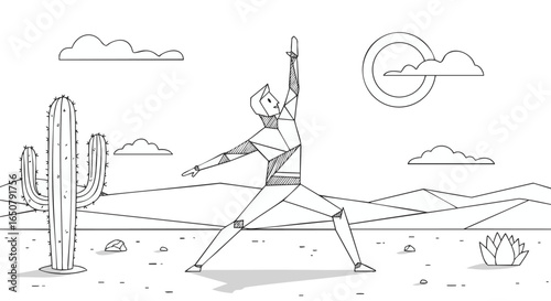 Geometric line art illustration of a person performing a powerful warrior yoga pose in a tranquil desert landscape, symbolizing inner strength, balance, and mindful living amidst nature's serenity