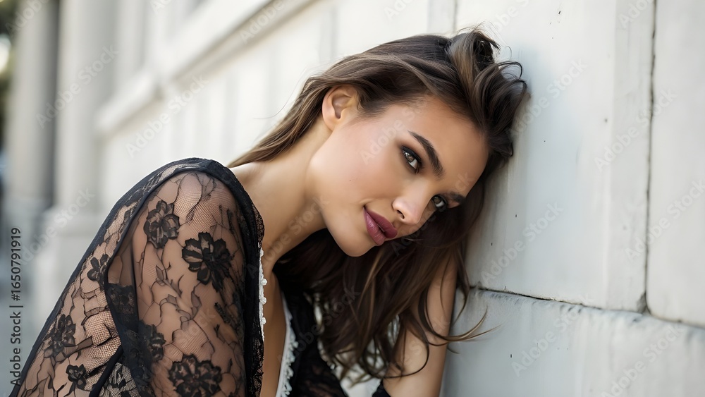 Fototapeta premium A woman with long brown hair leans against a white wall, wearing a black lace top.
