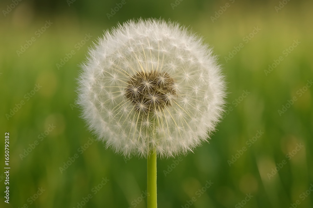 Fototapeta premium Close up of a fluffy white dandelion seed head in a green field
