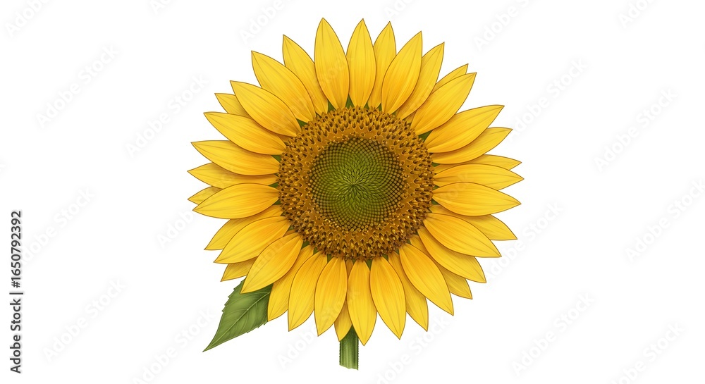 Fototapeta premium Detailed botanical illustration of a vibrant yellow sunflower with a green leaf, isolated on a white background.