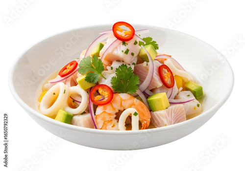 Fresh and Spicy Seafood Salad with Chili and Fresh Herbs in a White Bowl