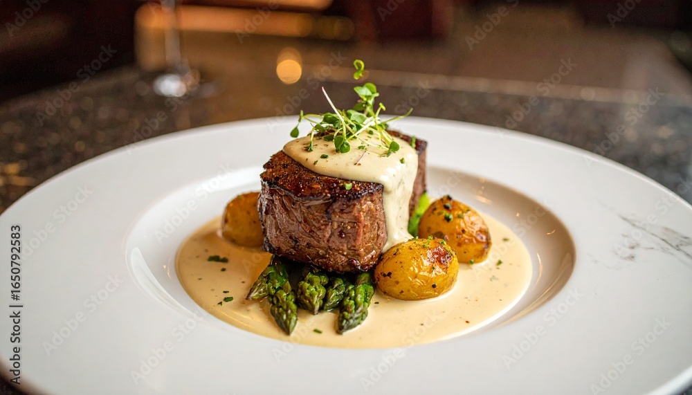 Gourmet chateaubriand beef tenderloin steak with creamy béarnaise sauce, asparagus, and roasted new potatoes Gourmet chateaubriand beef tenderloin steak with creamy béarnaise sauce, asparagus, and roasted new potatoes
