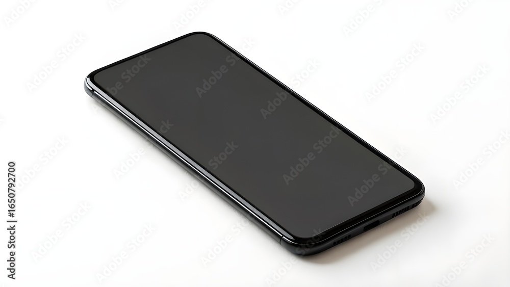 Mockup Sleek black smartphone rests on a plain white background. Mockup Sleek black smartphone rests on a plain white background.