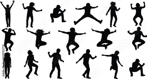 Jumping silhouette collection, active people poses, energetic movement illustration, freedom expression art, dance and fitness concept, human action vector, body motion creativity
