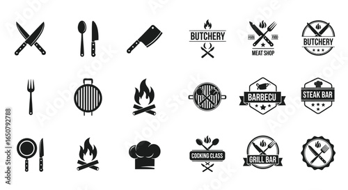 Vector art of collection of barbecue and butchery icons isolated on white background
