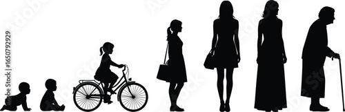 Life stages silhouette, baby to old age, woman growing, human evolution, aging process, childhood to adulthood, generational growth, timeline illustration