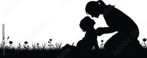 Mother and child silhouette, family love illustration, parent and baby bond, mother’s affection artwork, outdoor parenting concept, nurturing relationship vector