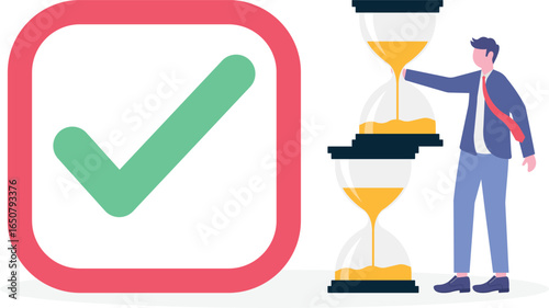 Flat illustration of businessman stacking hourglass blocks next to time checklist to represent deadline and productivity management
