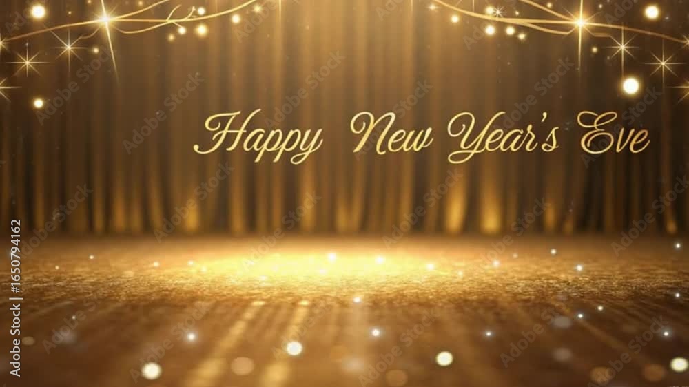 Elegant golden stage with sparkling lights and curtains for Happy New Year's Eve celebration holiday 4k video download