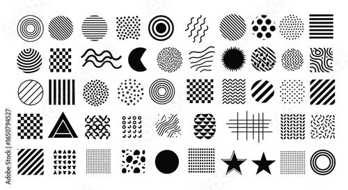 Vector art of collection of various geometric shapes and patterns isolated on white background